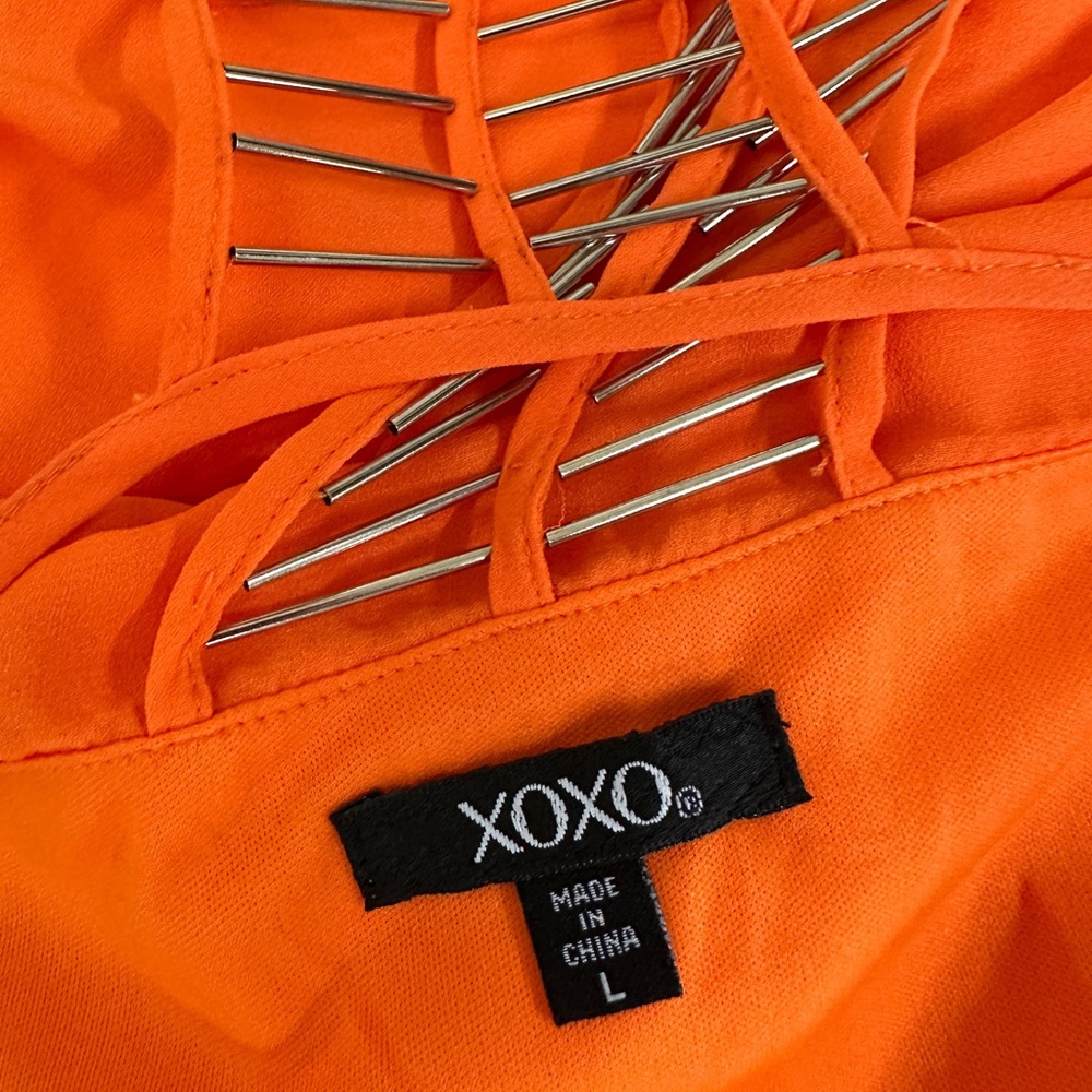 SEXY XOXO ORANGE SILKY CHIFFON SHORTS ROMPER HALTER SPAGHETTI STRAPS BEADED L - Picture 8 of 9